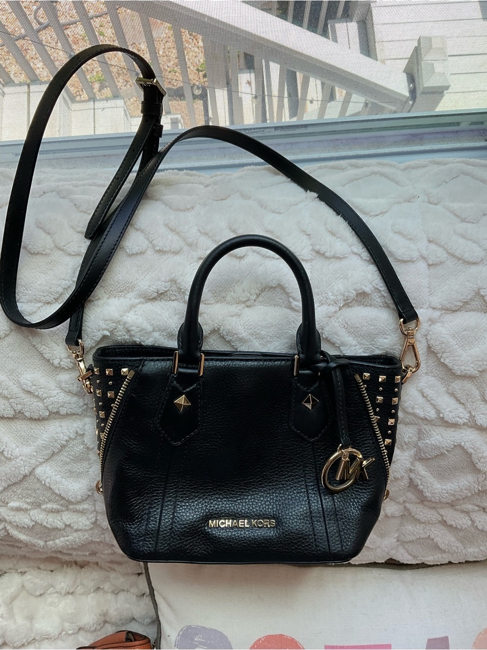 Michael Kors Black Pebbled Leather Satchel with Gold Hardware and Stud Details